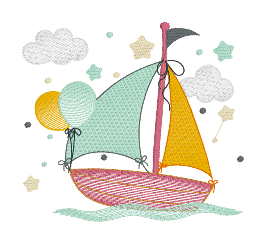 SAILBOAT ON THE WATER WITH BALLOONS